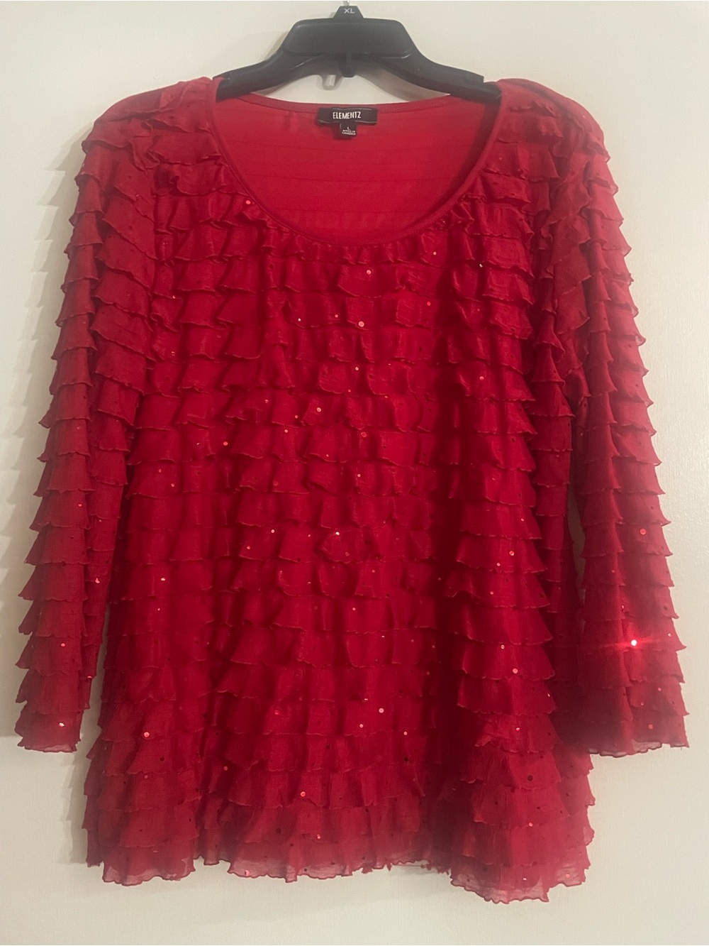 Elementz Red Ruffled Sequin Scoop Neck Long Sleeve Blouse